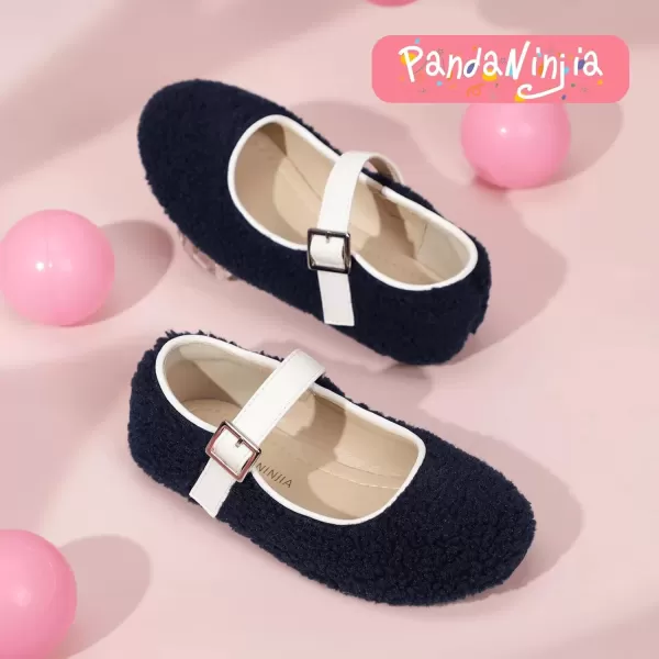 imagePANDANINJIA Girls Dress Shoes Ballet Flats Faux Fur School Wedding Party Toddler Little Big Kid Girls Mary Jane ShoesNavy