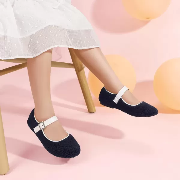 imagePANDANINJIA Girls Dress Shoes Ballet Flats Faux Fur School Wedding Party Toddler Little Big Kid Girls Mary Jane ShoesNavy