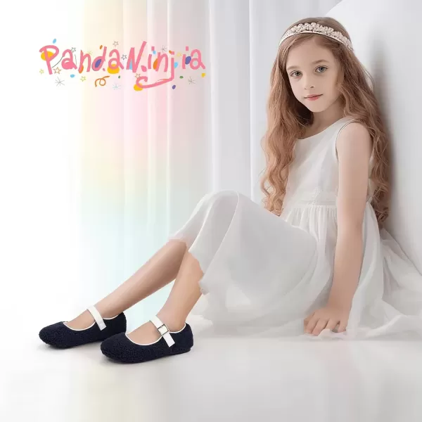imagePANDANINJIA Girls Dress Shoes Ballet Flats Faux Fur School Wedding Party Toddler Little Big Kid Girls Mary Jane ShoesNavy