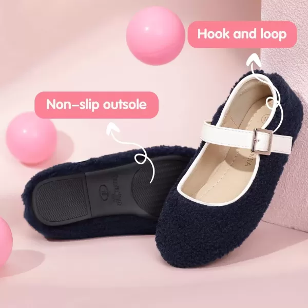 imagePANDANINJIA Girls Dress Shoes Ballet Flats Faux Fur School Wedding Party Toddler Little Big Kid Girls Mary Jane ShoesNavy