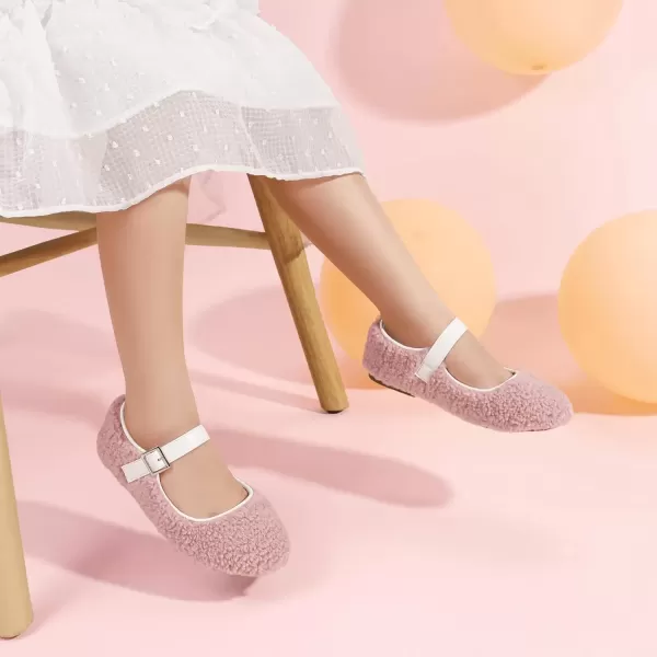 imagePANDANINJIA Girls Dress Shoes Ballet Flats Faux Fur School Wedding Party Toddler Little Big Kid Girls Mary Jane ShoesPink