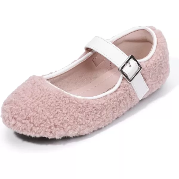 imagePANDANINJIA Girls Dress Shoes Ballet Flats Faux Fur School Wedding Party Toddler Little Big Kid Girls Mary Jane ShoesPink