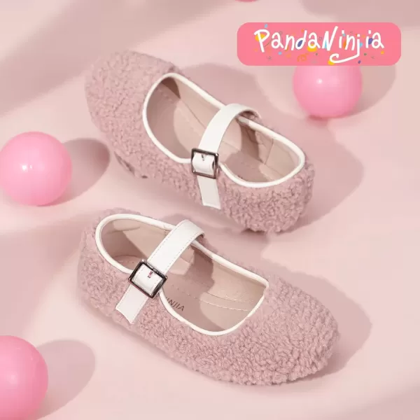 imagePANDANINJIA Girls Dress Shoes Ballet Flats Faux Fur School Wedding Party Toddler Little Big Kid Girls Mary Jane ShoesPink