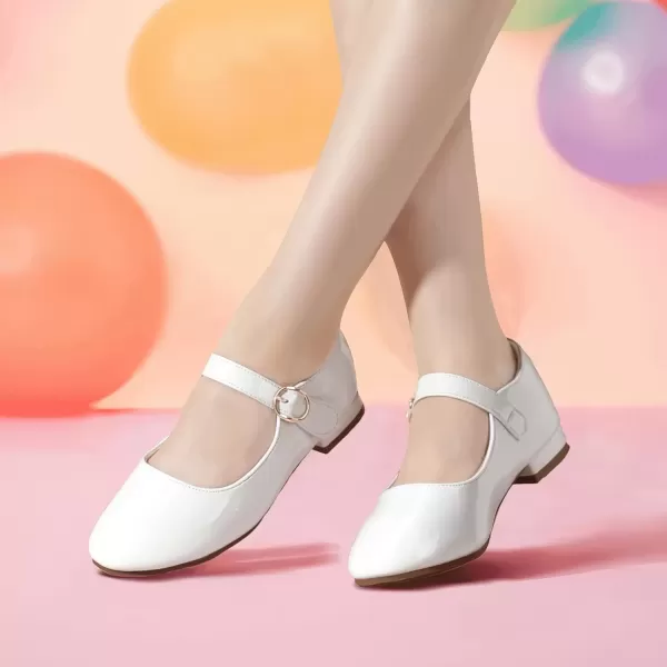 imagePANDANINJIA Girls Dress Shoes Patent Ballerina Flats Toddler Little Big Kid Mary Jane Low Heels ShoesWhitepatent
