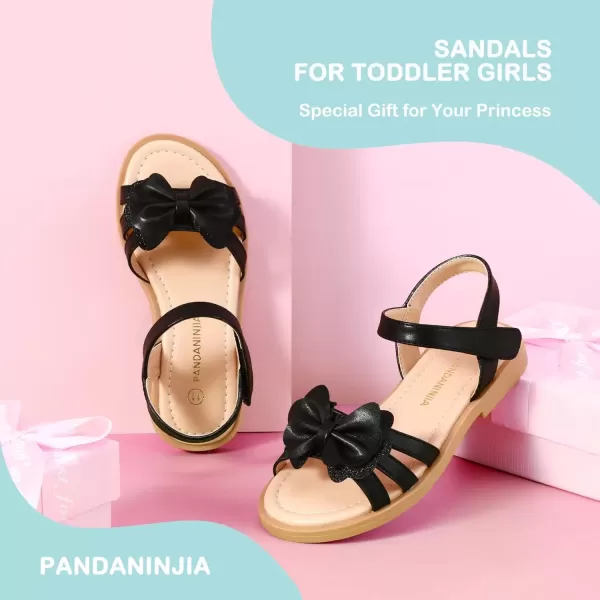 imagePANDANINJIA Girls Sandals Open Toe Cute Bow Princess Girls Flats Sparkly Summer Dress Shoes Sandals for ToddlerLittle KidBig KidC Black Pu