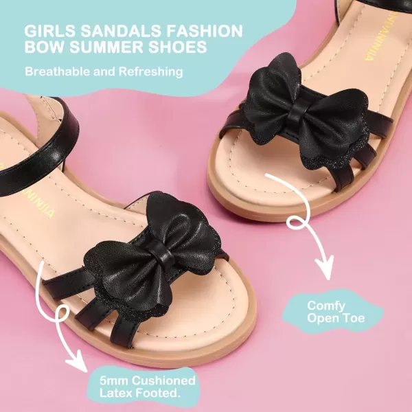 imagePANDANINJIA Girls Sandals Open Toe Cute Bow Princess Girls Flats Sparkly Summer Dress Shoes Sandals for ToddlerLittle KidBig KidC Black Pu