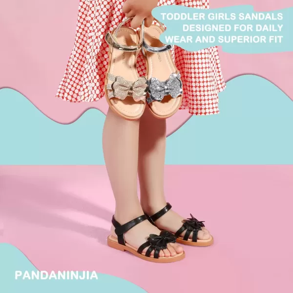 imagePANDANINJIA Girls Sandals Open Toe Cute Bow Princess Girls Flats Sparkly Summer Dress Shoes Sandals for ToddlerLittle KidBig KidC Black Pu