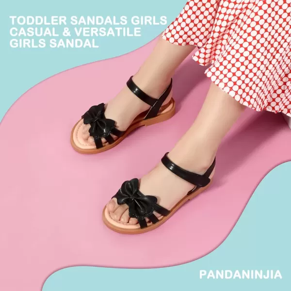 imagePANDANINJIA Girls Sandals Open Toe Cute Bow Princess Girls Flats Sparkly Summer Dress Shoes Sandals for ToddlerLittle KidBig KidC Black Pu