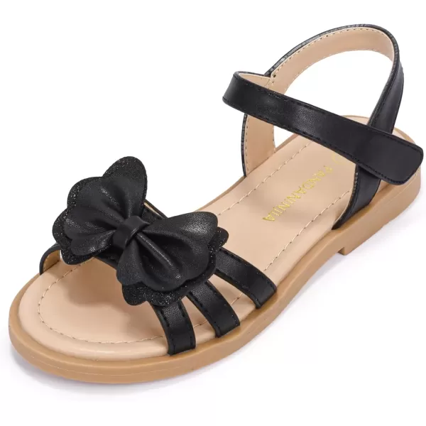 imagePANDANINJIA Girls Sandals Open Toe Cute Bow Princess Girls Flats Sparkly Summer Dress Shoes Sandals for ToddlerLittle KidBig KidC Black Pu