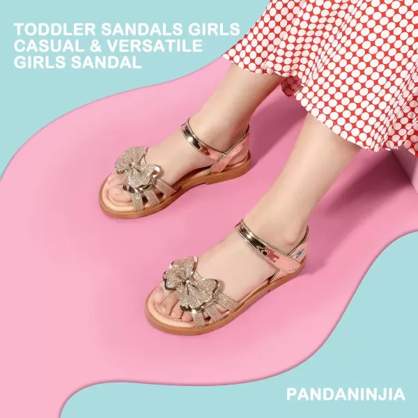 imagePANDANINJIA Girls Sandals Open Toe Cute Bow Princess Girls Flats Sparkly Summer Dress Shoes Sandals for ToddlerLittle KidBig KidC Gold Glitter