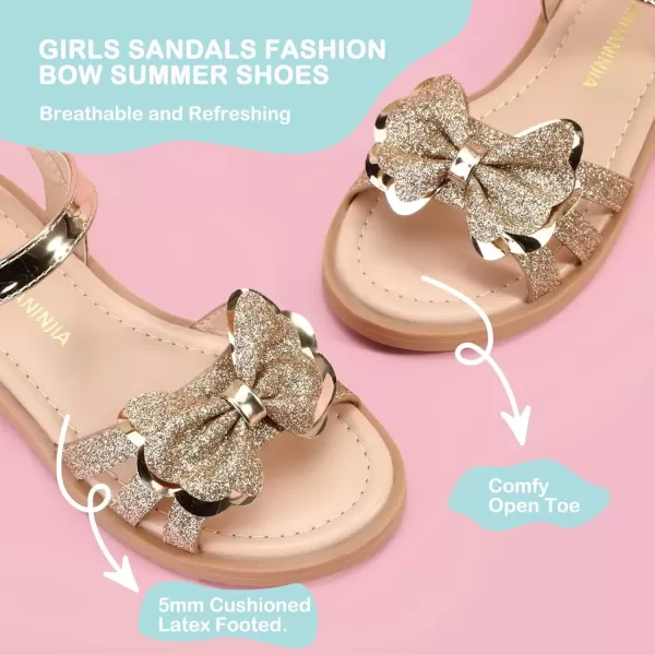 imagePANDANINJIA Girls Sandals Open Toe Cute Bow Princess Girls Flats Sparkly Summer Dress Shoes Sandals for ToddlerLittle KidBig KidC Gold Glitter