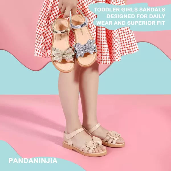 imagePANDANINJIA Girls Sandals Open Toe Cute Bow Princess Girls Flats Sparkly Summer Dress Shoes Sandals for ToddlerLittle KidBig KidC Nude Pu