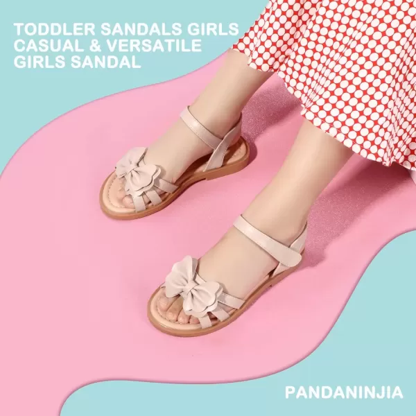 imagePANDANINJIA Girls Sandals Open Toe Cute Bow Princess Girls Flats Sparkly Summer Dress Shoes Sandals for ToddlerLittle KidBig KidC Nude Pu