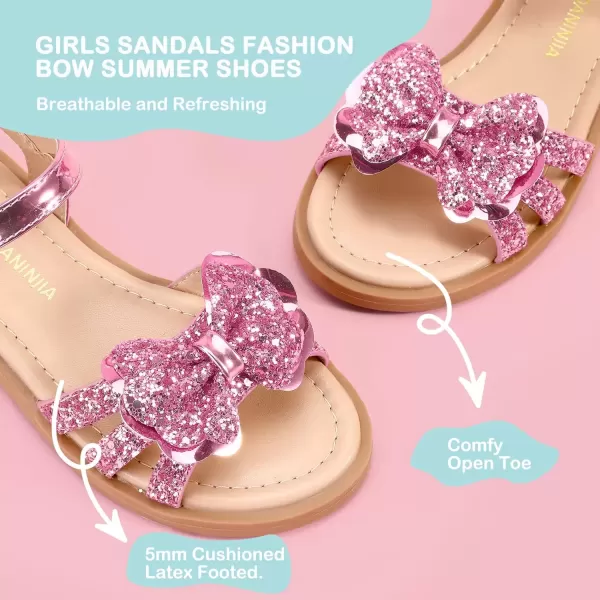 imagePANDANINJIA Girls Sandals Open Toe Cute Bow Princess Girls Flats Sparkly Summer Dress Shoes Sandals for ToddlerLittle KidBig KidC Pink Sequin