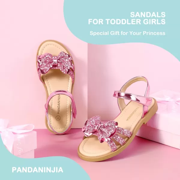 imagePANDANINJIA Girls Sandals Open Toe Cute Bow Princess Girls Flats Sparkly Summer Dress Shoes Sandals for ToddlerLittle KidBig KidC Pink Sequin