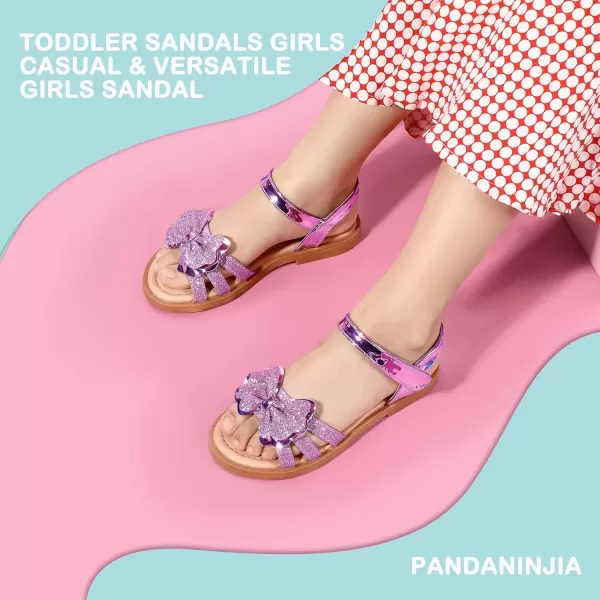 imagePANDANINJIA Girls Sandals Open Toe Cute Bow Princess Girls Flats Sparkly Summer Dress Shoes Sandals for ToddlerLittle KidBig KidC Purple Glitter
