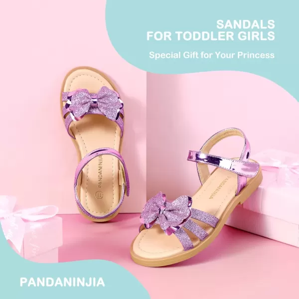 imagePANDANINJIA Girls Sandals Open Toe Cute Bow Princess Girls Flats Sparkly Summer Dress Shoes Sandals for ToddlerLittle KidBig KidC Purple Glitter