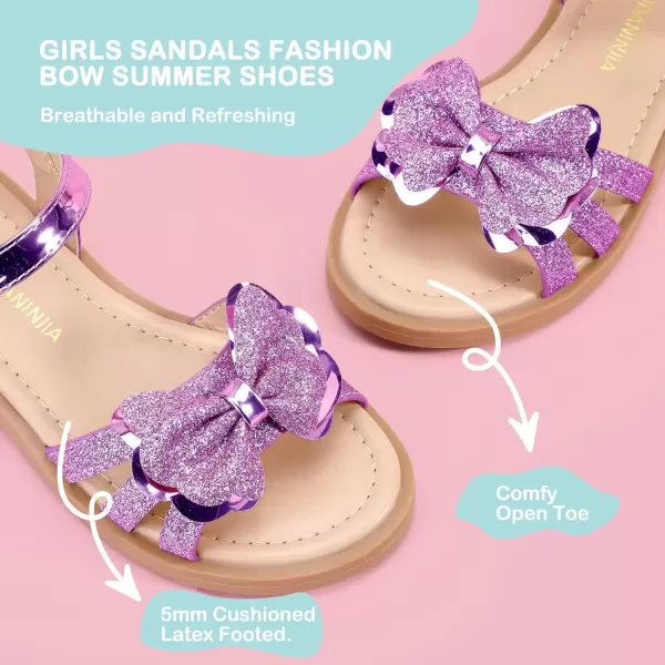 imagePANDANINJIA Girls Sandals Open Toe Cute Bow Princess Girls Flats Sparkly Summer Dress Shoes Sandals for ToddlerLittle KidBig KidC Purple Glitter