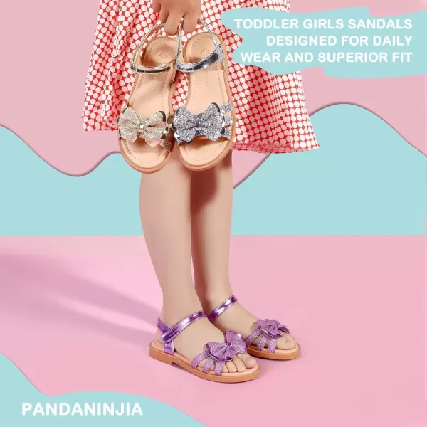 imagePANDANINJIA Girls Sandals Open Toe Cute Bow Princess Girls Flats Sparkly Summer Dress Shoes Sandals for ToddlerLittle KidBig KidC Purple Glitter