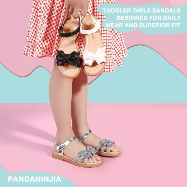 imagePANDANINJIA Girls Sandals Open Toe Cute Bow Princess Girls Flats Sparkly Summer Dress Shoes Sandals for ToddlerLittle KidBig KidC Silver Sequin