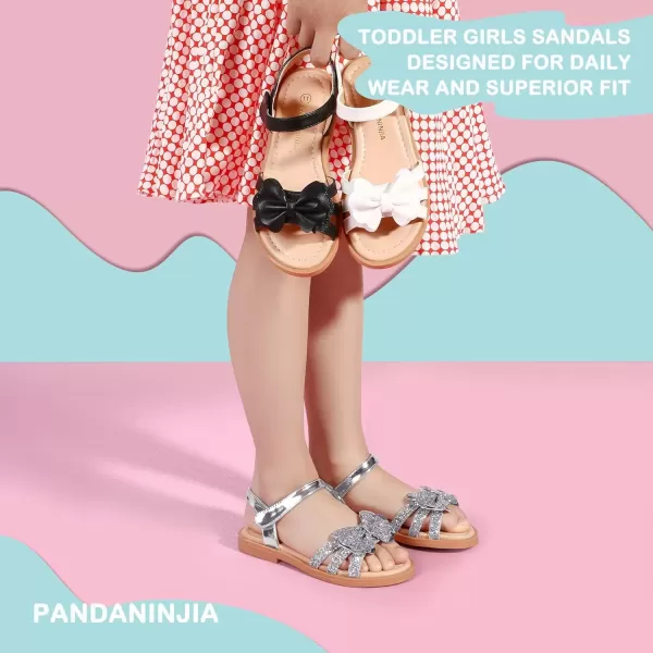 imagePANDANINJIA Girls Sandals Open Toe Cute Bow Princess Girls Flats Sparkly Summer Dress Shoes Sandals for ToddlerLittle KidBig KidC Silver Sequin