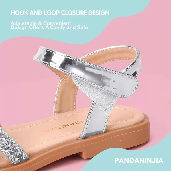 imagePANDANINJIA Girls Sandals Open Toe Cute Bow Princess Girls Flats Sparkly Summer Dress Shoes Sandals for ToddlerLittle KidBig KidC Silver Sequin