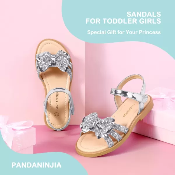 imagePANDANINJIA Girls Sandals Open Toe Cute Bow Princess Girls Flats Sparkly Summer Dress Shoes Sandals for ToddlerLittle KidBig KidC Silver Sequin
