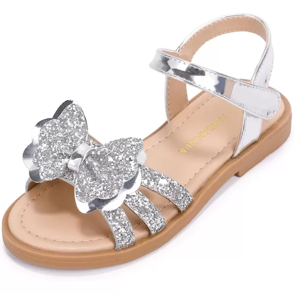 imagePANDANINJIA Girls Sandals Open Toe Cute Bow Princess Girls Flats Sparkly Summer Dress Shoes Sandals for ToddlerLittle KidBig KidC Silver Sequin
