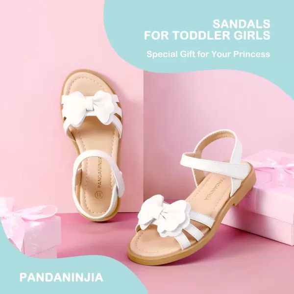 imagePANDANINJIA Girls Sandals Open Toe Cute Bow Princess Girls Flats Sparkly Summer Dress Shoes Sandals for ToddlerLittle KidBig KidC White Pu