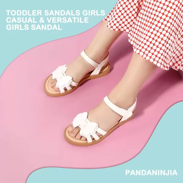 imagePANDANINJIA Girls Sandals Open Toe Cute Bow Princess Girls Flats Sparkly Summer Dress Shoes Sandals for ToddlerLittle KidBig KidC White Pu