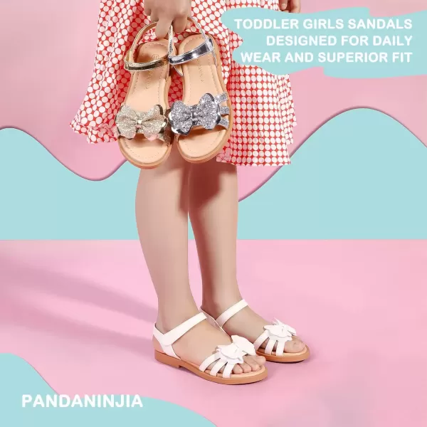 imagePANDANINJIA Girls Sandals Open Toe Cute Bow Princess Girls Flats Sparkly Summer Dress Shoes Sandals for ToddlerLittle KidBig KidC White Pu