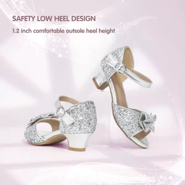 imagePANDANINJIA Wendy Girls Heels Dress Shoes Flower Girl Mary Jane Sandals Wedding Party Princess Shoes for Toddler Little Kid Big KidNancy Silver Sequin