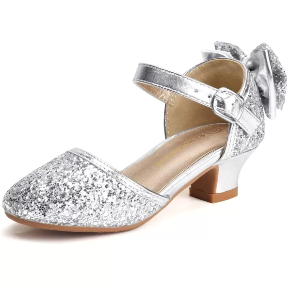 imagePANDANINJIA Wendy Girls Heels Dress Shoes Flower Girl Mary Jane Sandals Wedding Party Princess Shoes for Toddler Little Kid Big KidSilver Sequin