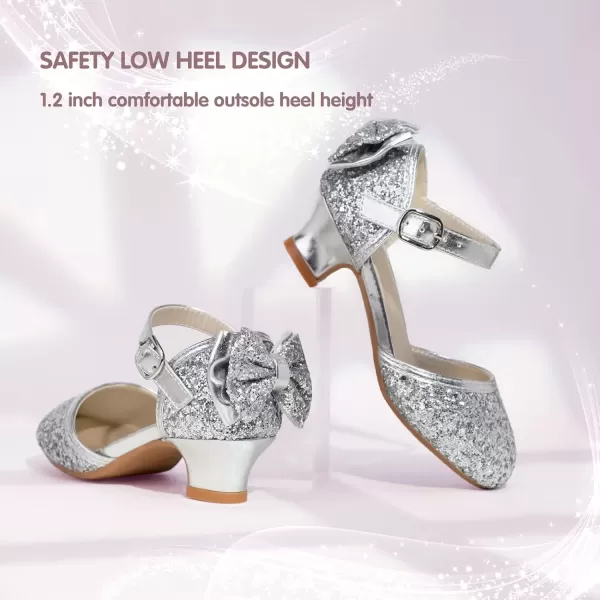 imagePANDANINJIA Wendy Girls Heels Dress Shoes Flower Girl Mary Jane Sandals Wedding Party Princess Shoes for Toddler Little Kid Big KidSilver Sequin
