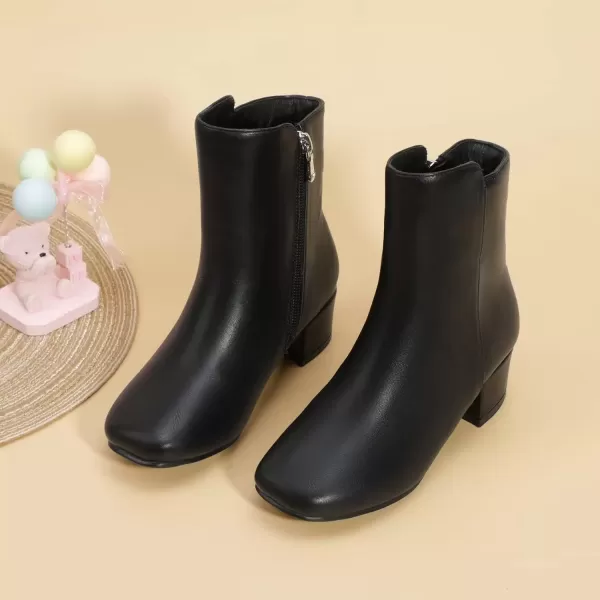 imagePANDANINJIA Alyssa Girls Fashion Boots SquareToe Dress Boots Low Heel Ankle Booties with Zipper for Toddler Little Kids Big KidsBlack Pu N