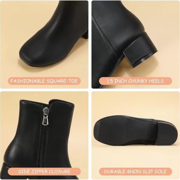 imagePANDANINJIA Alyssa Girls Fashion Boots SquareToe Dress Boots Low Heel Ankle Booties with Zipper for Toddler Little Kids Big KidsBlack Pu N