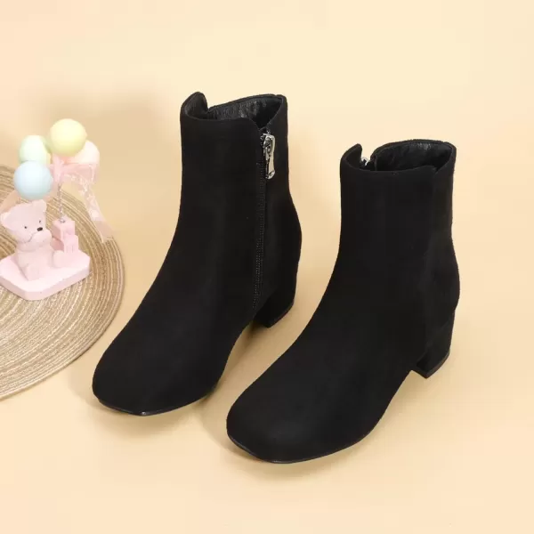 imagePANDANINJIA Alyssa Girls Fashion Boots SquareToe Dress Boots Low Heel Ankle Booties with Zipper for Toddler Little Kids Big KidsBlack Suede