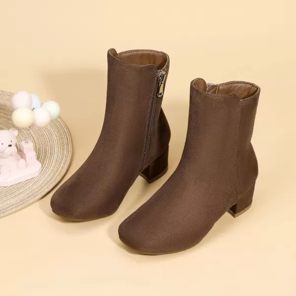 imagePANDANINJIA Alyssa Girls Fashion Boots SquareToe Dress Boots Low Heel Ankle Booties with Zipper for Toddler Little Kids Big KidsBrownsuede