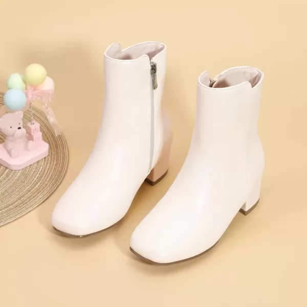 imagePANDANINJIA Alyssa Girls Fashion Boots SquareToe Dress Boots Low Heel Ankle Booties with Zipper for Toddler Little Kids Big KidsOffwhite Pu 01