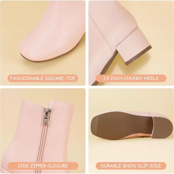imagePANDANINJIA Alyssa Girls Fashion Boots SquareToe Dress Boots Low Heel Ankle Booties with Zipper for Toddler Little Kids Big KidsPink Pu