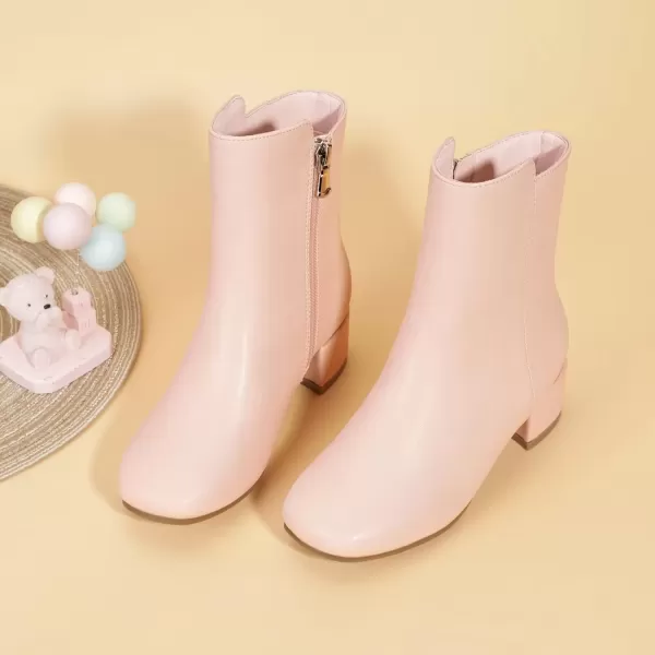 imagePANDANINJIA Alyssa Girls Fashion Boots SquareToe Dress Boots Low Heel Ankle Booties with Zipper for Toddler Little Kids Big KidsPink Pu
