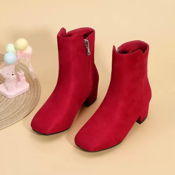 imagePANDANINJIA Alyssa Girls Fashion Boots SquareToe Dress Boots Low Heel Ankle Booties with Zipper for Toddler Little Kids Big KidsRed Suede