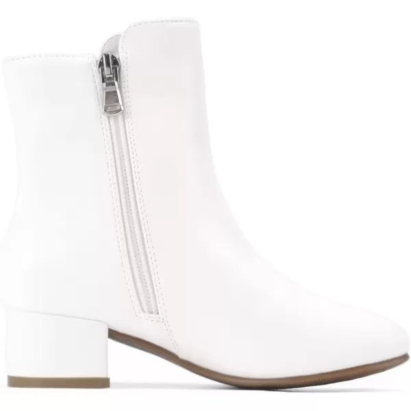 imagePANDANINJIA Alyssa Girls Fashion Boots SquareToe Dress Boots Low Heel Ankle Booties with Zipper for Toddler Little Kids Big KidsWhite Pu