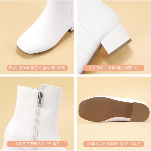 imagePANDANINJIA Alyssa Girls Fashion Boots SquareToe Dress Boots Low Heel Ankle Booties with Zipper for Toddler Little Kids Big KidsWhite Pu