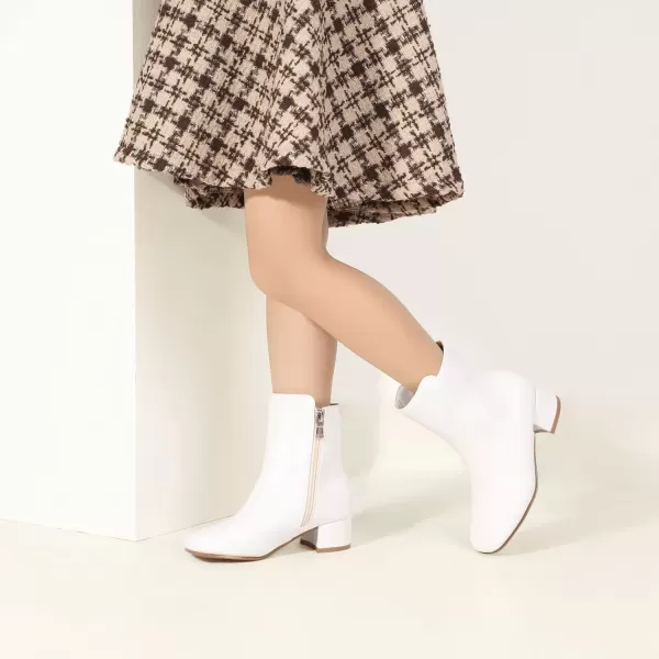 imagePANDANINJIA Alyssa Girls Fashion Boots SquareToe Dress Boots Low Heel Ankle Booties with Zipper for Toddler Little Kids Big KidsWhite Pu