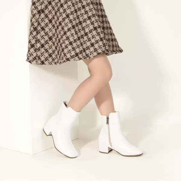 imagePANDANINJIA Alyssa Girls Fashion Boots SquareToe Dress Boots Low Heel Ankle Booties with Zipper for Toddler Little Kids Big KidsWhite Pu