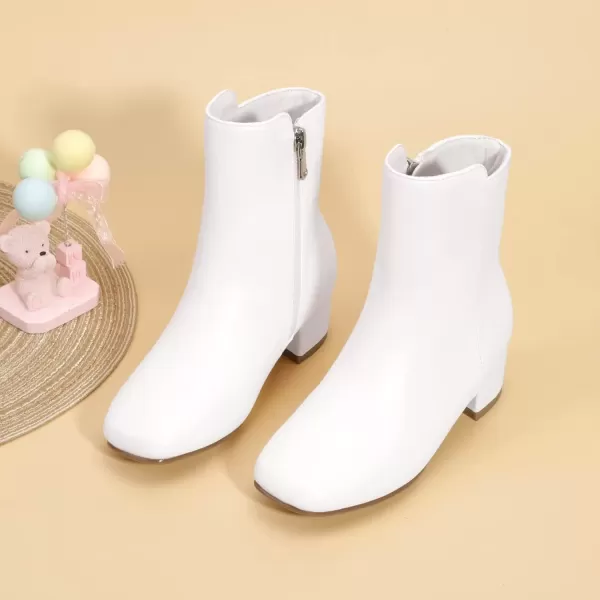 imagePANDANINJIA Alyssa Girls Fashion Boots SquareToe Dress Boots Low Heel Ankle Booties with Zipper for Toddler Little Kids Big KidsWhite Pu