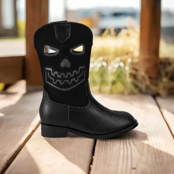 imagePANDANINJIA Girls Cowboy Boots For Boys Kids Toddler Western Mid Calf Cowgirl Boots Riding Shoes With Halloween Skull Element BootiesBlack