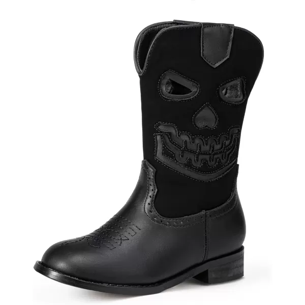 imagePANDANINJIA Girls Cowboy Boots For Boys Kids Toddler Western Mid Calf Cowgirl Boots Riding Shoes With Halloween Skull Element BootiesBlack
