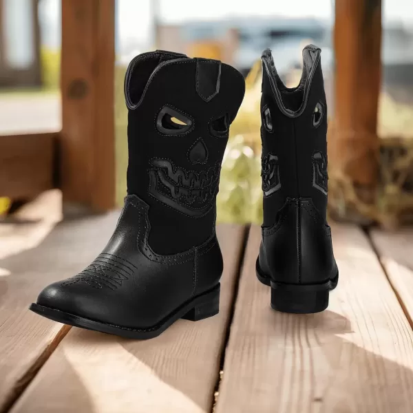 imagePANDANINJIA Girls Cowboy Boots For Boys Kids Toddler Western Mid Calf Cowgirl Boots Riding Shoes With Halloween Skull Element BootiesBlack